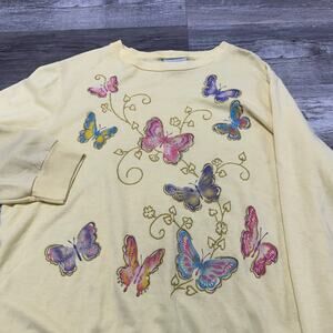 Vintage 80s 90s Blair Butterflies Floral Gold Glitter Yellow Womens L Sweatshirt
